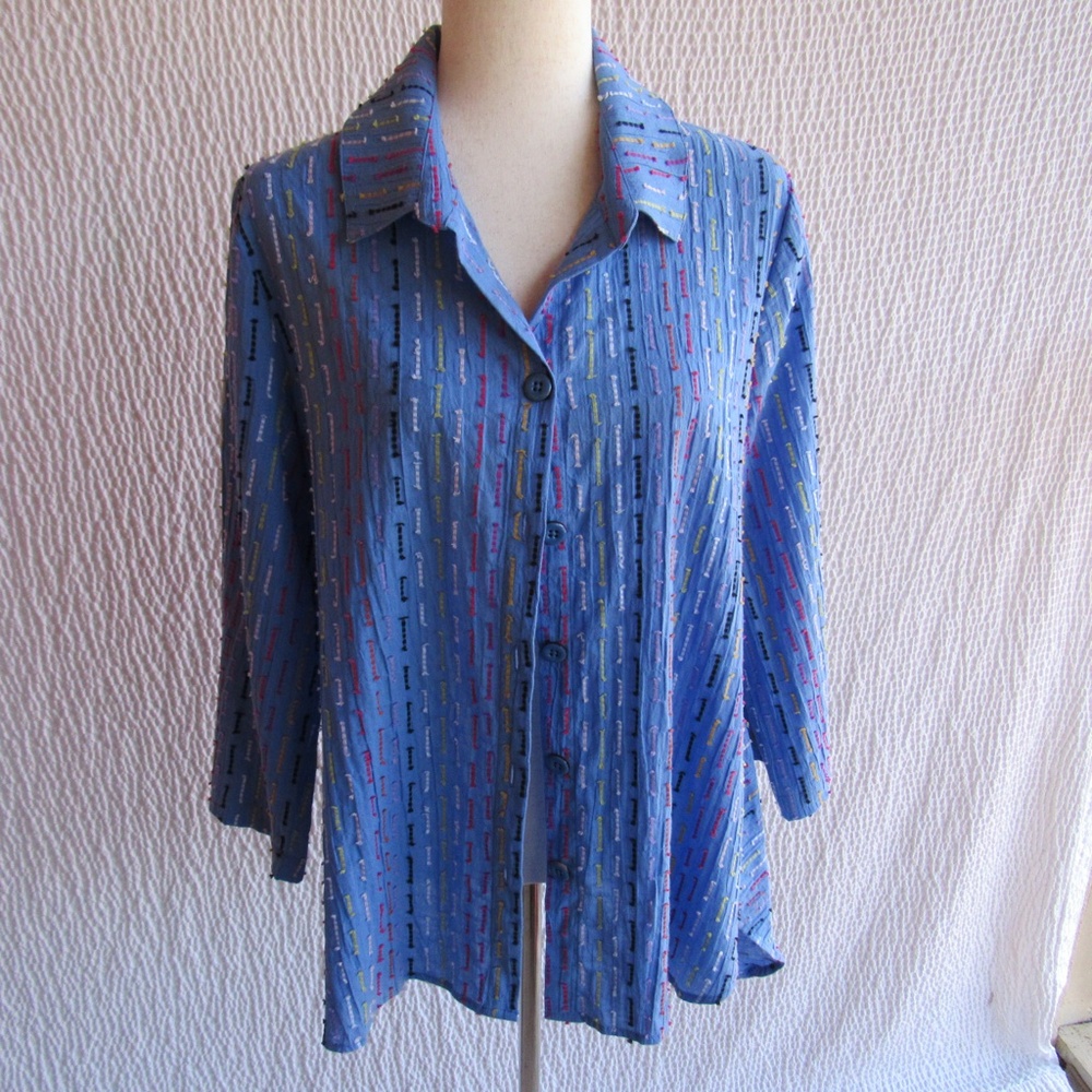 Habitat Womens Top M Blue Colorful Textured Cotton Stretch 3/4 Excellent Buttons
